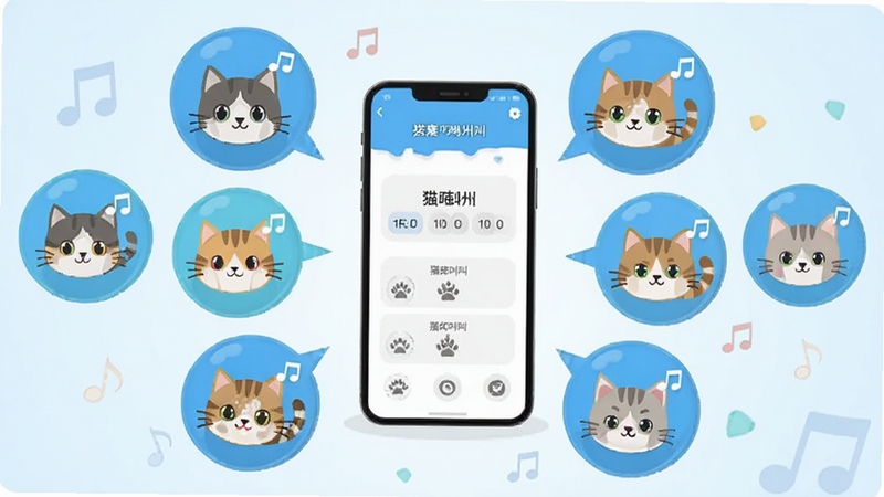 画面以信息图表形式展现,中央是一台悬浮的智能手机屏幕,屏幕内显示猫咪叫声分类界面,四周向外发散出多个圆形气泡,每个气泡内绘制不同姿态的卡通猫咪头像并配有音符符号,背景为淡蓝色渐变,整体风格简洁明快,突出猫咪Cats动物叫声的分类功能