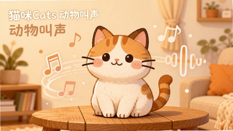 整体画面采用温暖治愈的插画风格,主体是一只橘白相间的卡通猫咪坐在画面中央的木质桌面上,周围环绕着半透明的音符与声波图标,背景是浅米色墙面与绿植点缀的温馨客厅,画面左上角以柔和字体呈现软件名称猫咪Cats动物叫声,整体色调以暖橙与奶白为主,适配Boogu模型生成