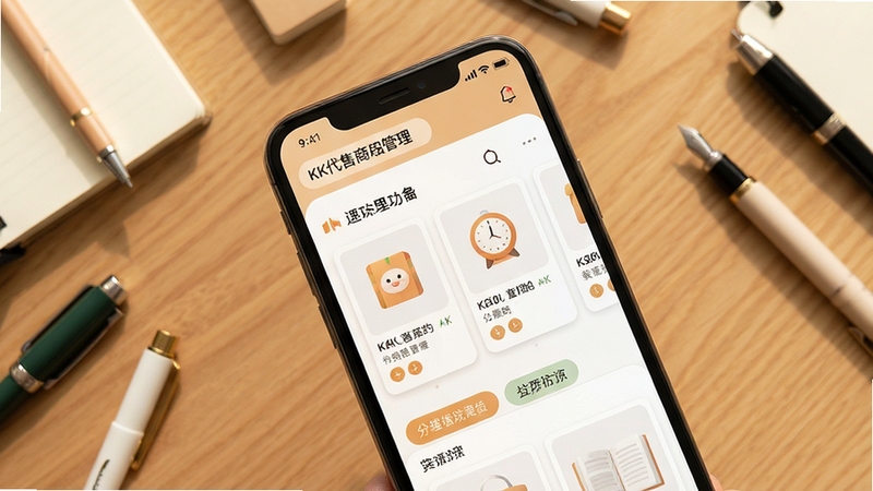 KK代售商品管理功能界面特写,手机屏幕中显示商品卡片与分类标签,画面采用俯视角度,背景为木质桌面与文具点缀,整体色调温暖清新,突出移动端操作场景