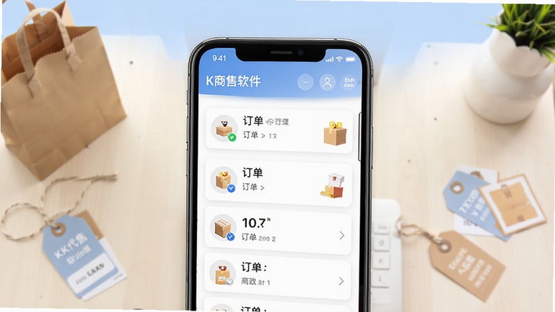 KK代售软件启动界面展示,画面中央为手机屏幕特写,屏幕内呈现简洁的商品管理列表与订单卡片布局,背景为浅色渐变的工作台场景,周围点缀少量购物袋与标签元素,整体风格干净明快,适合软件下载站展示