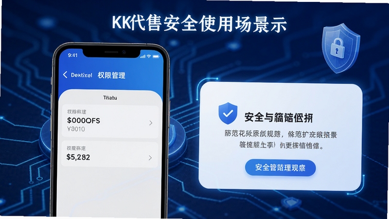 KK代售安全使用场景展示,手机屏幕显示权限管理界面与安全提示卡片,画面以蓝色调为主,背景为简洁的科技感线条与盾牌图标,突出安全防护与规范使用的主题