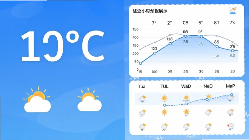 大字天气晴雨通功能展示图,画面分为左右两部分,左侧展示超大字体温度与天气图标,右侧展示逐小时预报曲线图与七日天气趋势列表,整体配色以蓝白为主,界面干净清爽,适合Boogu模型生成的高清UI展示图