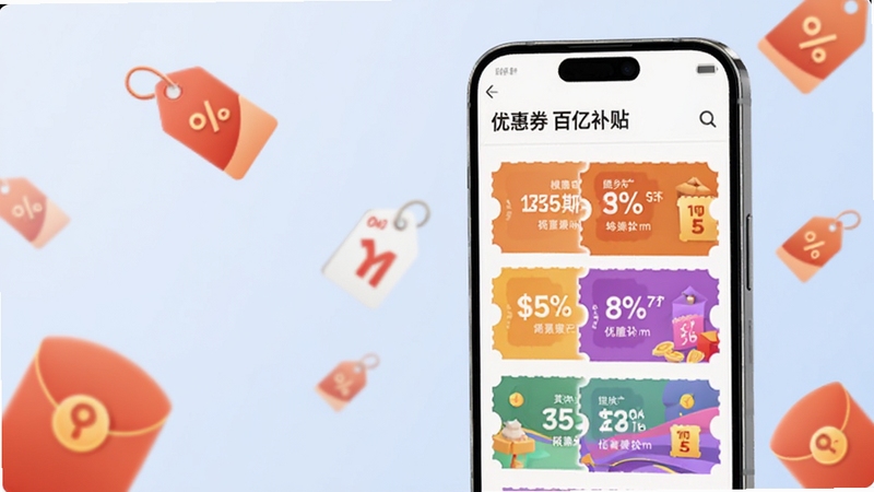 画面展示购物特惠百亿补贴应用内的优惠券领取页面,手机屏幕居中偏右,屏幕中排列多张彩色优惠券卡片,背景为柔和浅蓝色,点缀红包与折扣标签图形,整体构图干净明快,突出优惠券集中领取的功能特点