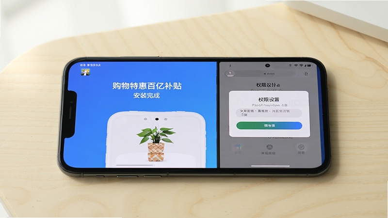 画面为手机应用安装引导场景,一部手机平放在浅色桌面上,屏幕显示购物特惠百亿补贴安装完成界面,旁边有权限设置弹窗示意,背景简洁明亮,整体风格为实用教程类配图,突出安装与权限设置步骤