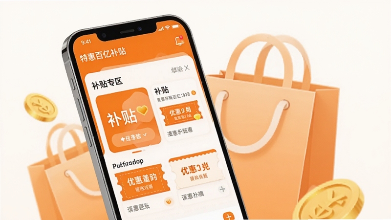 整体画面采用明亮橙色与白色为主色调,画面中央偏左位置放置一部竖屏智能手机,手机屏幕内展示购物特惠百亿补贴应用首页界面,包含补贴专区卡片和优惠券图标,背景区域为浅色渐变购物袋与金币元素环绕,整体风格清爽现代,适配电商导购类应用宣传图
