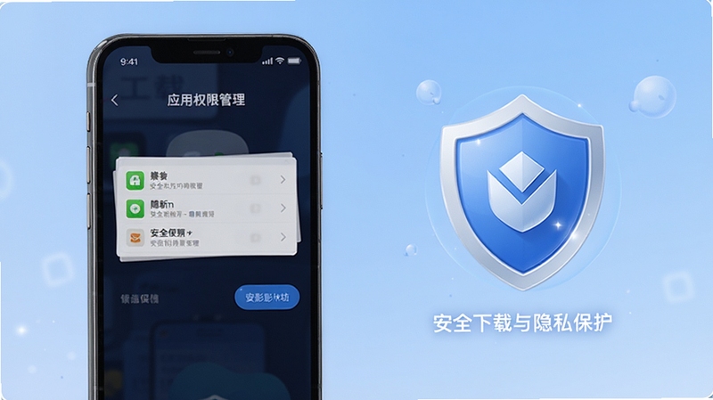 声影工坊安全使用与权限设置示意画面,画面展示手机屏幕上的应用权限管理界面与安全盾牌图标,背景为柔和的蓝色渐变,突出安全下载与隐私保护主题