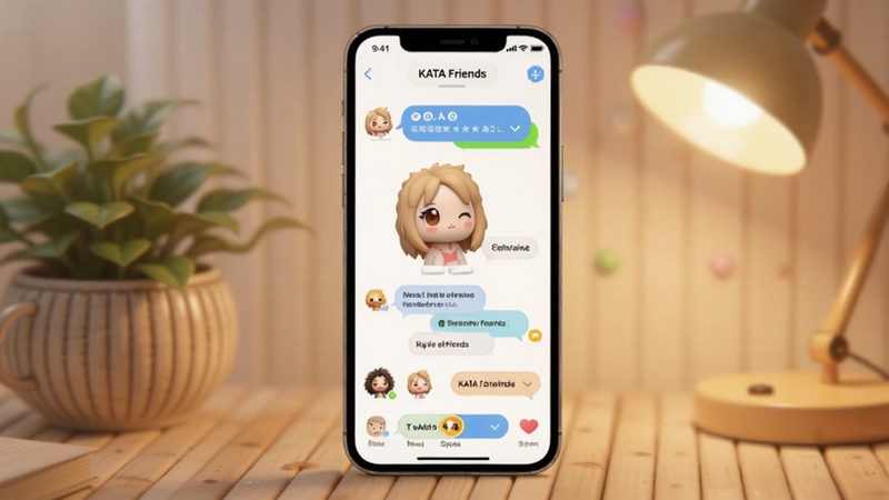 ��������λ�ó���һ�������ֻ�����Ļ��ʾKATA FriendsӦ�������棬�������пɰ���������������Ի����ݣ���������Ϊ��ܰ���������滷��������ֲ��ůɫ̨�ƹ��Σ�����ɫ���������������Booguģ������