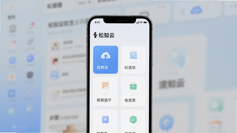 松知云软件主界面全貌展示,画面中央为手机屏幕特写,屏幕内呈现简洁清爽的应用首页布局,顶部为软件名称松知云,中部为功能卡片排列,背景区域为浅色渐变虚化处理,整体风格现代简约,适合软件下载站配图使用