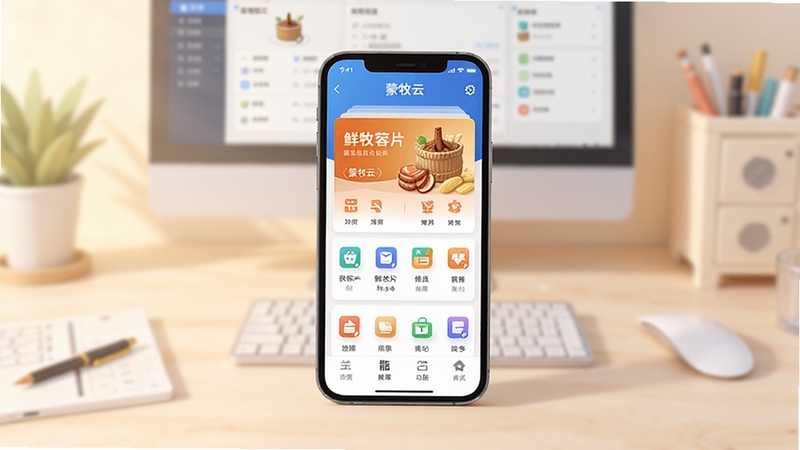 蒙牧云软件主界面全貌展示,画面中央为手机屏幕呈现蒙牧云应用首页,包含鲜苁蓉片批次卡片与功能入口图标,背景为浅色渐变工作台场景,柔和光影,扁平化插画风格,高清细节