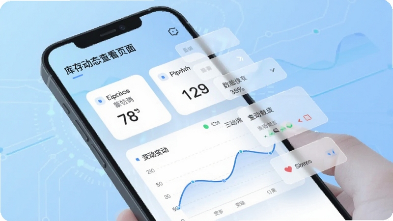 蒙牧云库存动态查看页面,手机屏幕展示库存数字卡片与变动折线图,画面中有半透明数据浮层,背景为浅蓝色科技感渐变,扁平化矢量插画风格
