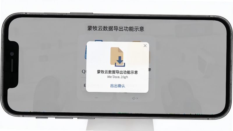 蒙牧云数据导出功能示意,手机屏幕弹出导出确认窗口,画面中有文件图标与下载箭头元素,背景为浅灰色极简风格,扁平化设计,细节清晰
