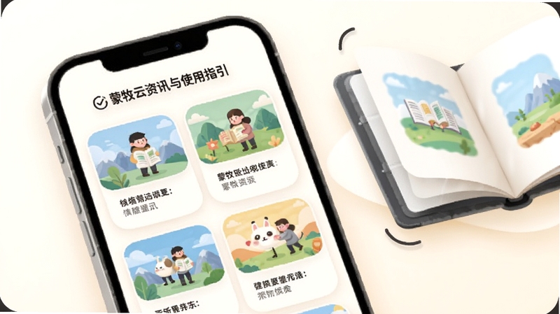 蒙牧云资讯与使用指引页面,手机屏幕显示图文卡片列表,画面角落有翻开的电子手册元素,背景为暖白色调,柔和圆角插画风格,视觉清新