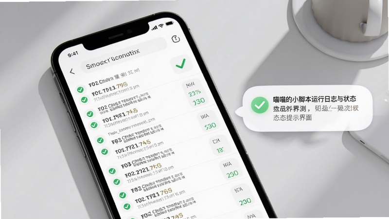 喵喵的小脚本运行日志与状态提示界面展示,画面主体为手机屏幕中的日志列表与绿色成功标识,背景为浅灰桌面与柔和光影,屏幕右侧漂浮提示气泡,整体风格简洁清晰