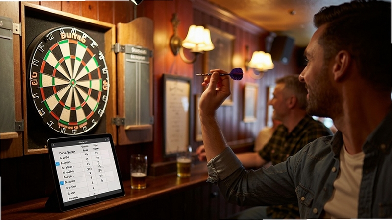 多人飞镖对战计分场景,平板电脑显示Darts Scorer多人分数列表,两位玩家手持飞镖站在飞镖盘旁,酒吧暖光环境,浅景深,生活化摄影风格