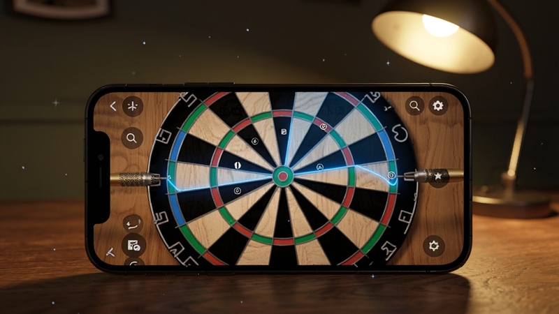 飞镖盘分区点选计分界面,手机屏幕显示Darts Scorer应用,蓝色高亮选区,木质飞镖盘背景,暖色台灯照明,桌面特写,写实风格