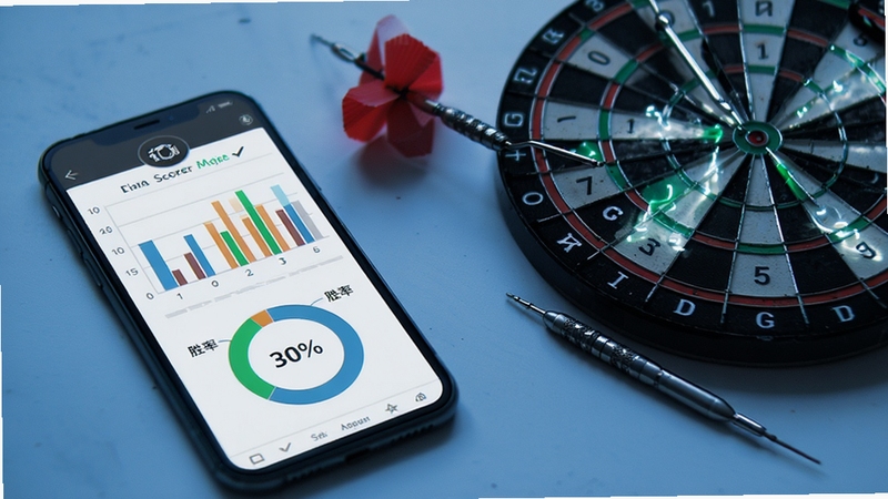 Darts Scorer战绩统计页面,手机屏幕展示柱状图与胜率圆环,旁边放着飞镖与记分板,冷色调桌面,简洁数码产品摄影风格