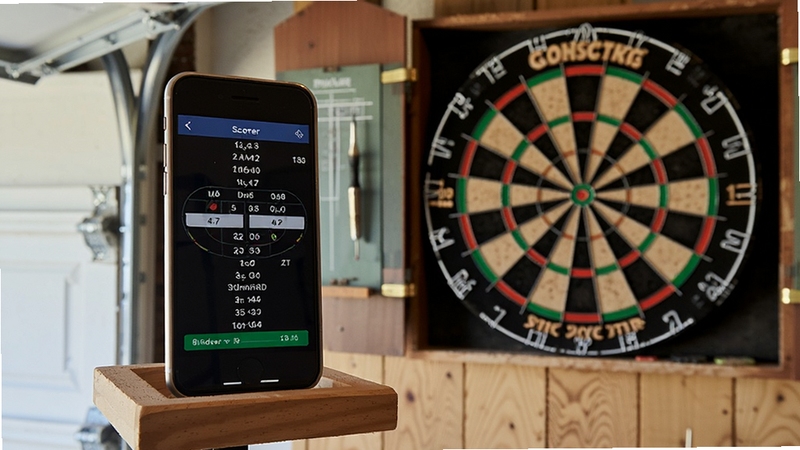 Darts Scorer离线计分场景,手机放在飞镖盘旁的木架上,屏幕显示比赛进行中,背景是车库墙面与飞镖靶,自然光,写实静物摄影