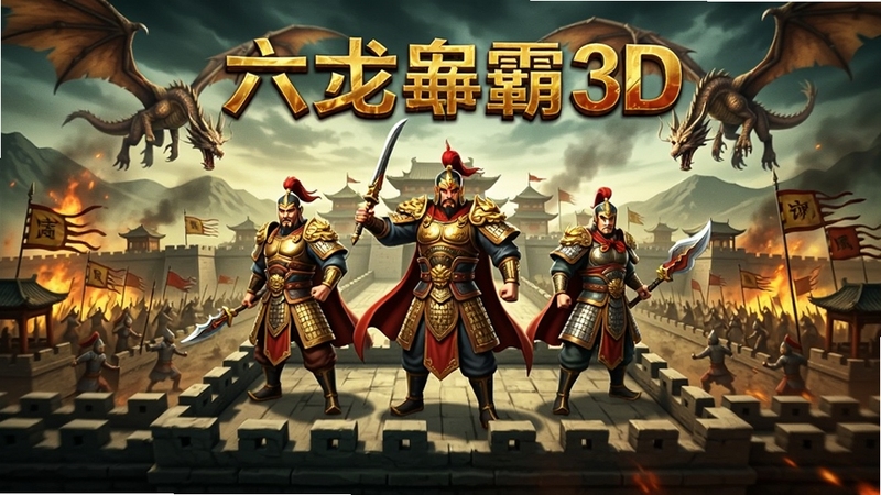 画面中央为六龙争霸3D游戏主城全景,三名身披铠甲的武将立于城楼之上,背景是烽火连天的三国战场与翱翔的巨龙,整体色调为金红与暗青交织,3D渲染风格,细节丰富,气势恢宏