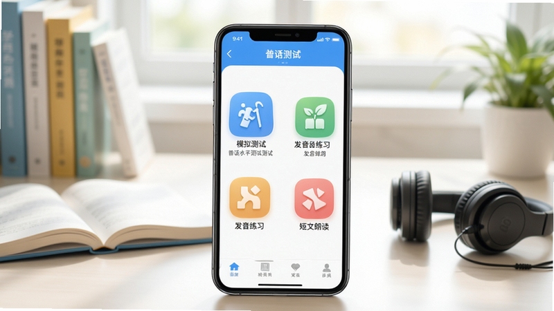 普通话水平测试软件主界面展示,画面中央为手机屏幕呈现应用首页,包含模拟测试、发音练习、短文朗读等功能入口图标,背景为明亮的学习场景,书桌与耳机点缀,整体风格清新简洁,突出普通话水平测试学习主题
