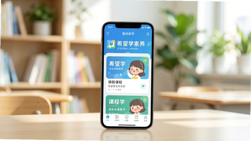 整体画面以明亮教室为背景,画面中央位置放置一部智能手机,手机屏幕上清晰呈现希望学素养应用的主界面与课程卡片,背景区域为柔和的书架与绿植,整体色调清新自然,构图简洁大方,突出学习类软件的科技感与亲和力