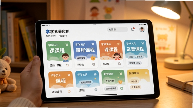 希望学素养应用内的分龄课程列表界面特写,画面主体为一部横屏平板,屏幕上展示按学段划分的课程卡片与知识点标签,背景为温馨的家庭学习角,暖色调灯光,细节清晰,突出界面层次感