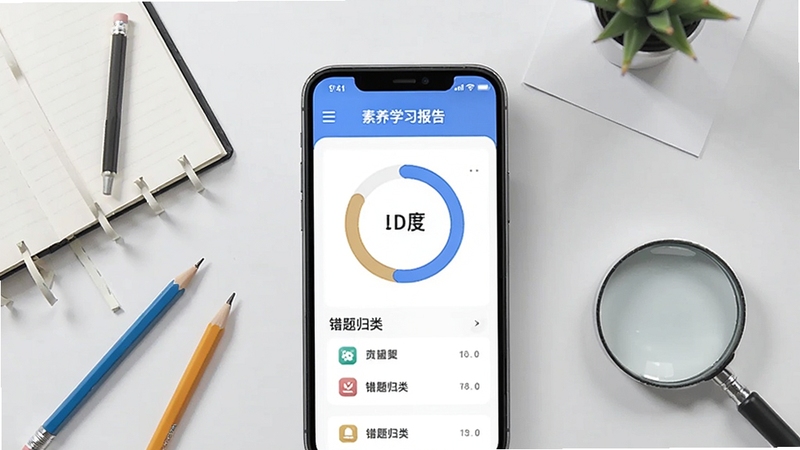 希望学素养学习报告页面展示,画面中央为手机屏幕上的进度环形图与错题归类列表,周围点缀笔记本、铅笔与放大镜等学习元素,背景为浅灰色简约风格,突出数据可视化与学习沉淀的主题