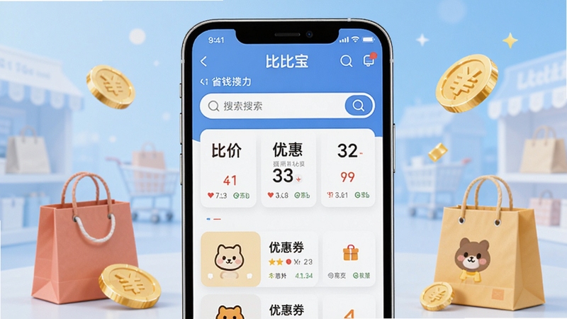 比比宝购物省钱助手应用主界面展示,画面中央是手机屏幕特写,屏幕内呈现比比宝APP首页比价搜索框与优惠券列表,背景为浅蓝色渐变购物场景,四周点缀购物袋与金币元素,整体风格清新明亮,突出比比宝品牌标识