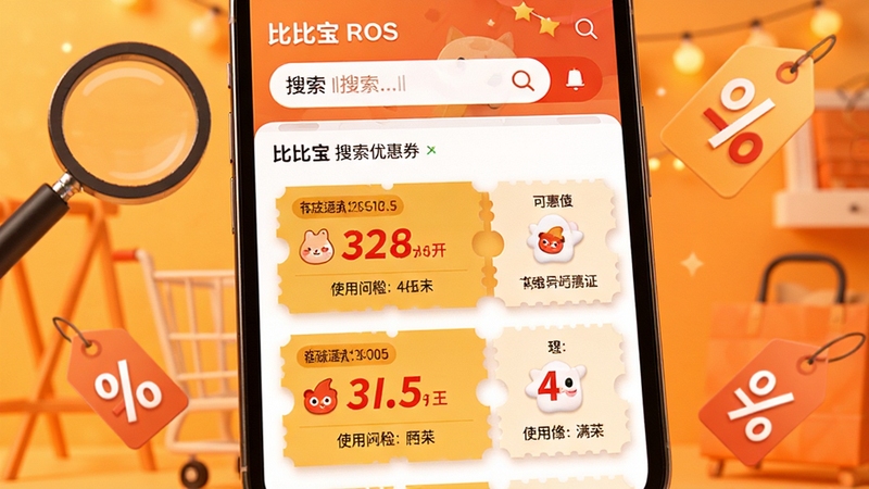 比比宝隐藏优惠券搜索功能界面特写,手机屏幕显示商品搜索结果与多张优惠券卡片,卡片上标注满减金额与使用门槛,背景为暖橙色购物氛围,周围有放大镜与折扣标签装饰,画面清晰展示比比宝领券流程