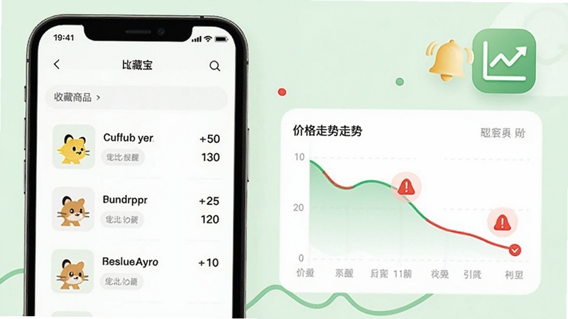 比比宝商品收藏与降价提醒功能展示,手机界面呈现收藏夹商品列表与价格走势曲线图,曲线下降处有红色提醒标记,背景为淡绿色简约风格,配有铃铛与折线图图标,体现比比宝智能提醒能力