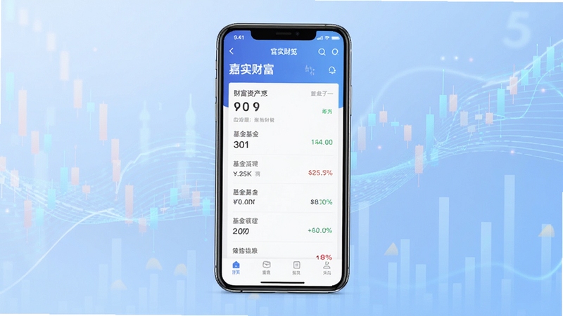 嘉实财富APP官方界面全貌展示,画面中央为手机屏幕呈现基金资产总览页面,背景为浅蓝色渐变金融数据流动线条,整体风格简洁专业,突出财富管理与稳健理财氛围