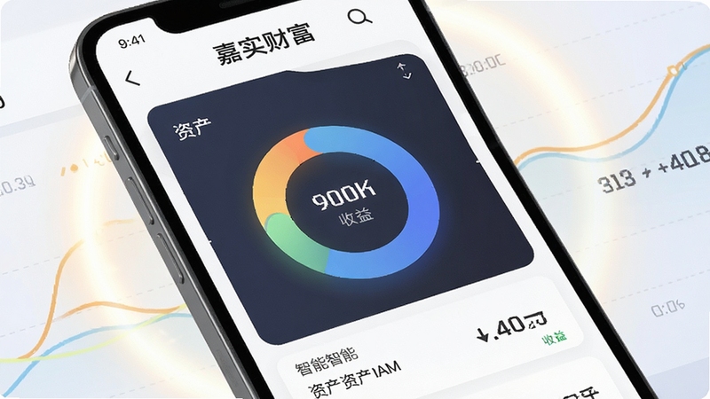 嘉实财富APP资产总览界面特写,手机屏幕显示圆形资产图表与收益数字,背景为柔和光晕与数据曲线,画面干净明亮,体现智能理财与数据可视化