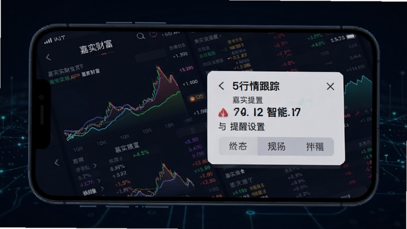 嘉实财富APP行情跟踪页面,手机屏幕展示多条基金走势曲线与提醒设置弹窗,背景为深色科技感数据网格,画面突出实时行情与智能提醒功能