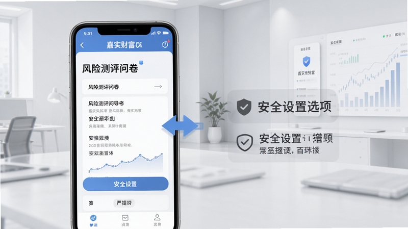嘉实财富APP新手引导页面,手机屏幕显示风险测评问卷与安全设置选项,背景为浅灰色简约金融场景,画面突出操作指引与安全提示