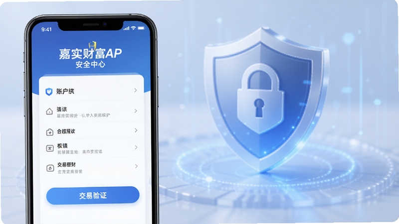 嘉实财富APP安全中心页面,手机屏幕显示账户保护设置与交易验证界面,背景为盾牌图标与柔和蓝色光效,画面强调安全防护与合规理财