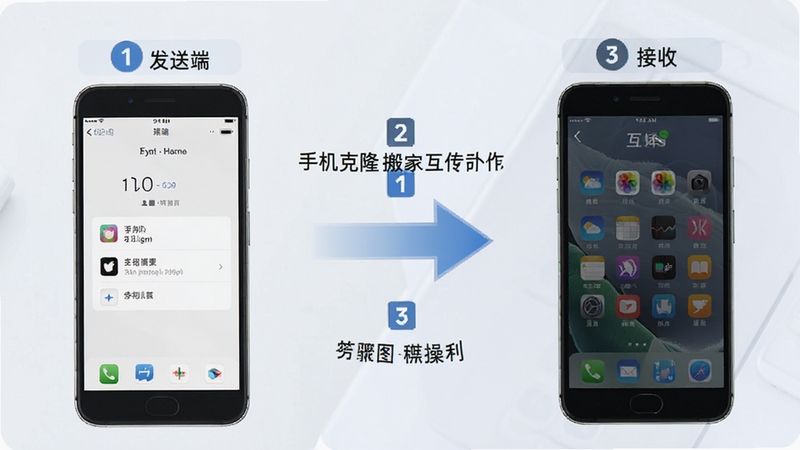 手机克隆搬家互传操作步骤示意图,画面展示两部手机屏幕分别显示发送端与接收端界面,中间以箭头连接,步骤编号清晰,背景为浅色极简风格,适合新手按图操作