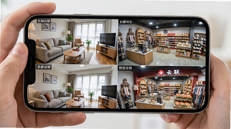 长城云联多屏监控预览场景,四格画面同时展示不同角度监控内容,手机横屏握持,背景为居家与商铺混合环境,光线明亮,体现实时预览与多路查看功能