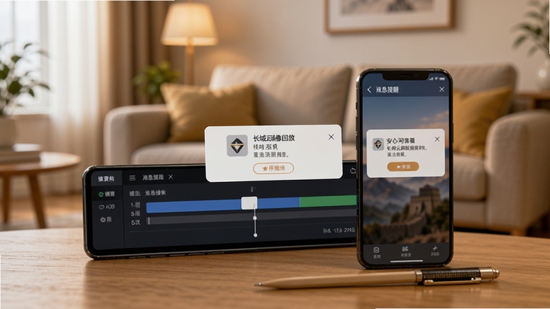 长城云联录像回放与消息提醒界面,画面展示时间轴检索条与弹窗通知,手机置于桌面,背景有居家客厅虚化场景,整体氛围安心可靠