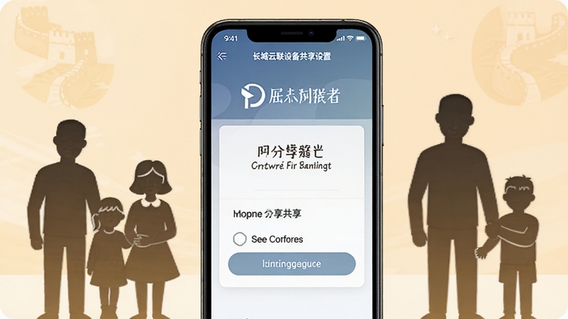 长城云联设备共享设置页面,手机屏幕显示分享邀请与权限选项,周围有家庭成员剪影元素,背景为温暖浅色调,突出多人协作与安全共享
