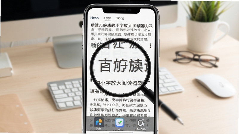 小字放大阅读器软件主界面全貌展示,画面中央为手机屏幕显示放大的文字内容,背景为简洁的浅色桌面环境,整体风格清爽明亮,突出文字放大效果与软件图标,适配Boogu模型生成