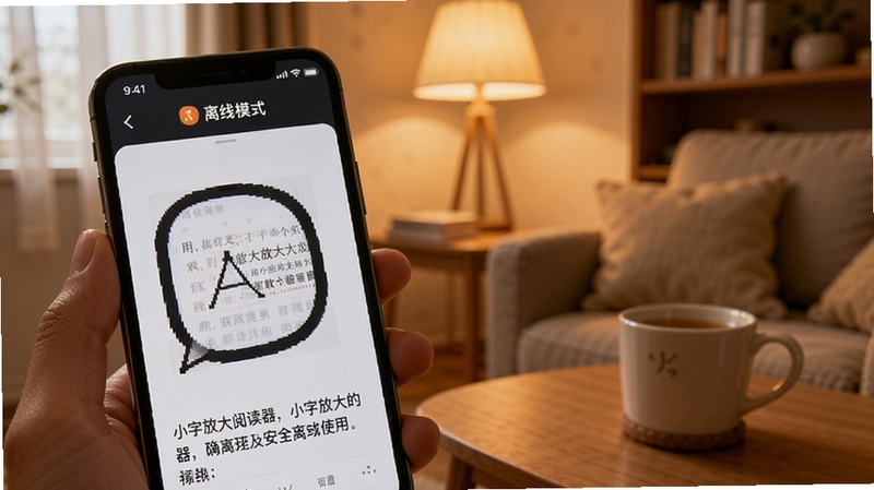 小字放大阅读器离线使用场景展示,画面为一部手机在无网络环境下打开软件进行文字放大操作,屏幕上方显示离线模式标识,背景为温馨的室内环境,突出软件的离线可用性与隐私安全特点