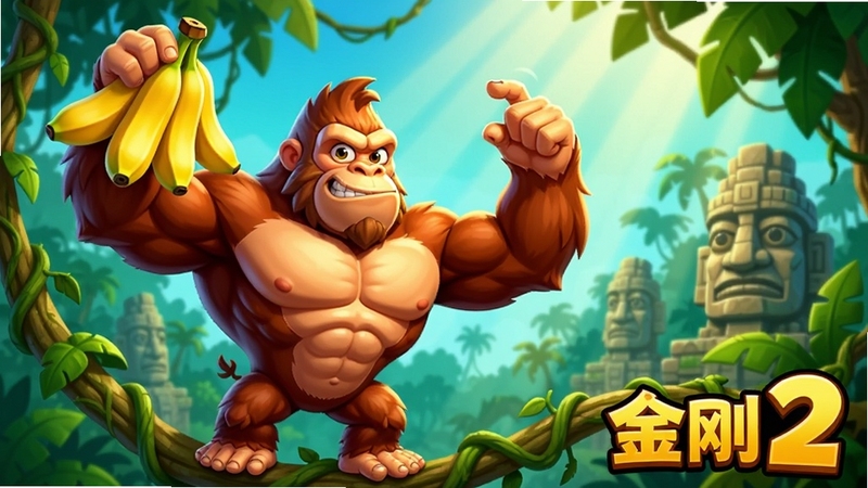 画面主体为一只肌肉发达、表情憨萌的卡通金刚站在丛林藤蔓上,右手高举一串金黄香蕉,背景是茂密的热带雨林与远处古老石像,阳光穿透树叶形成光束,整体色调明亮活泼,构图饱满,适合作为香蕉金刚 2 的游戏宣传主视觉,宽幅横版构图,主体位于画面中央偏左,背景区域占右侧三分之一
