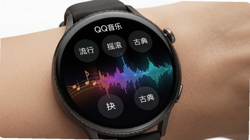 QQ音乐智能手表端正版曲库界面展示,圆形表盘上排列着流行、摇滚、古典等分类标签,背景为深色渐变音乐可视化效果,整体风格科技感强