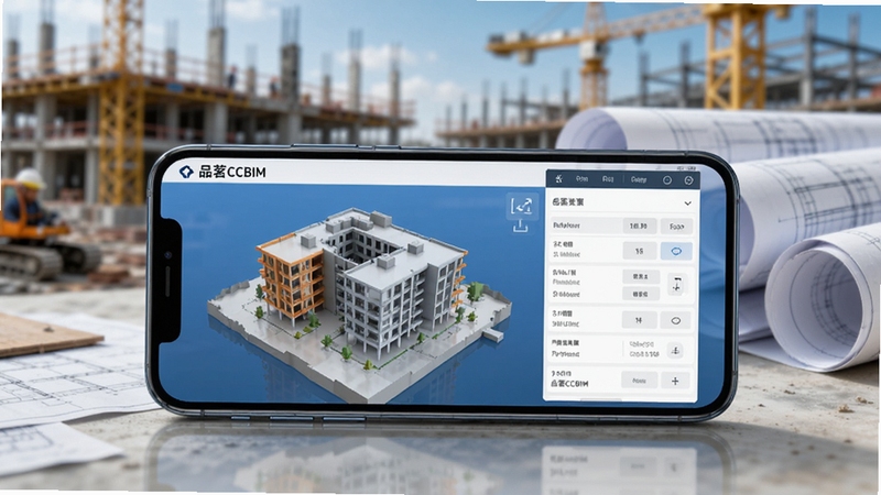 软件名称品茗CCBIM,画面主体为一部智能手机横向放置于建筑工地桌面上,屏幕显示三维建筑信息模型与构件数据面板,背景为虚化的施工场景与蓝图卷轴,整体色调为科技蓝与工程橙搭配,光线明亮清晰,构图简洁突出移动端操作感