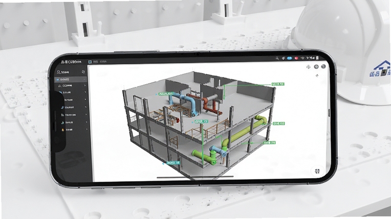 品茗CCBIM软件界面展示轻量化三维建筑模型在手机屏幕上流畅旋转,画面包含楼层结构、管道走向与构件高亮标注,背景为简洁的白色工作台与安全帽,整体风格清爽明快,突出移动端流畅操作体验