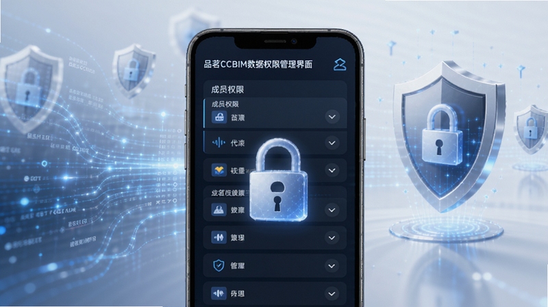品茗CCBIM数据权限管理界面示意图,画面为手机屏幕展示成员权限列表与加密锁图标,背景为抽象的数据流线条与盾牌元素,整体风格简洁商务,突出信息安全主题