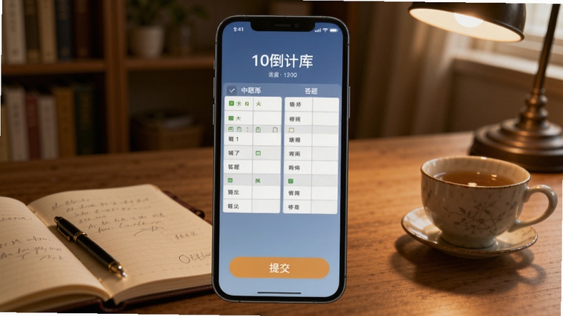 中医执业医师鸣题库模拟考试界面图,画面展示手机屏幕上的考试倒计时与答题卡网格,屏幕下方显示提交按钮,背景为书房环境,桌面上有笔记本和茶杯,光线温暖柔和,突出考试场景的沉浸感,适配Boogu模型生成