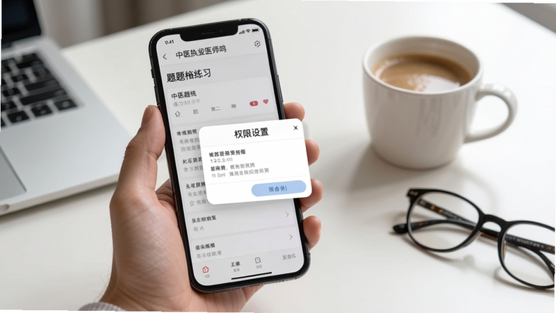 中医执业医师鸣题库移动端操作示意图,画面为一只手握持手机,屏幕上显示题库练习界面与权限设置弹窗,背景为简约桌面,旁边放置一杯咖啡和一副眼镜,整体氛围轻松日常,适配Boogu模型生成