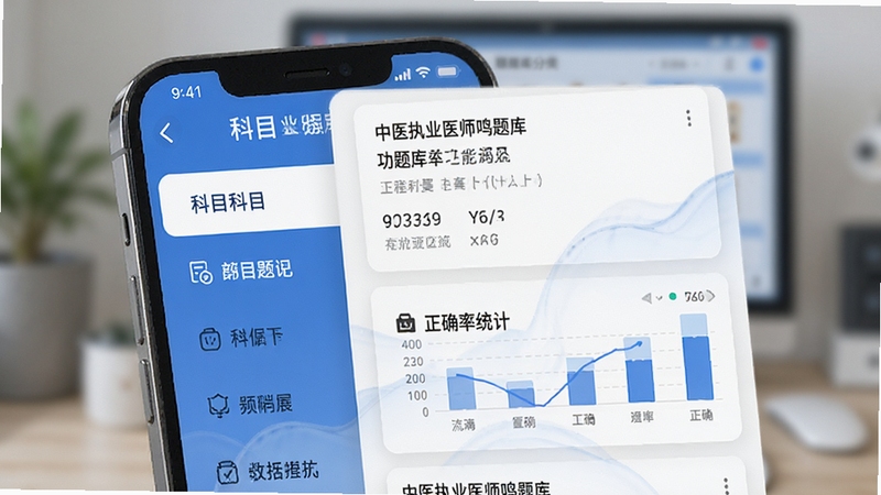 中医执业医师鸣题库功能展示图,画面为手机界面中题库分类列表的特写,左侧为科目导航栏,右侧显示题目卡片与正确率统计图表,背景虚化处理,突出屏幕内容,整体色调以蓝白为主,干净利落,适配Boogu模型生成