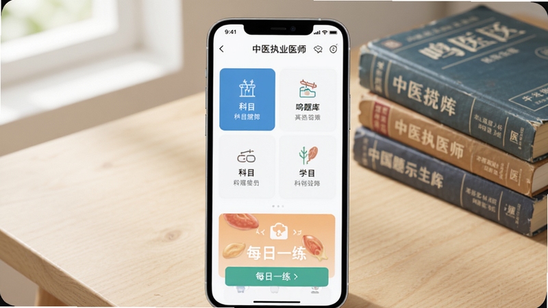 中医执业医师鸣题库软件启动界面展示,画面中央为手机屏幕特写,屏幕内呈现题库首页的科目分类卡片与每日一练入口,背景为浅色木质书桌与一摞中医教材,柔和自然光从左侧照入,整体风格清新简洁,适配Boogu模型生成