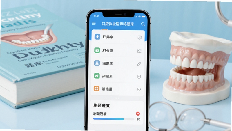 口腔执业医师鸣题库应用主界面展示,手机屏幕居中放置,屏幕内呈现题库分类列表与刷题进度条,背景为浅蓝色医疗学习场景,桌面摆放口腔医学教材与牙齿模型,整体风格清新明亮,适配Boogu模型生成
